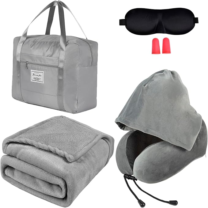 Travel Blanket and Pillow Set - Hooded Neck Pillow Airplane Essentials Grey | Memory Foam, Sleep Mask, Earplugs, Foldable Duffel Bag Soft Comfort for Long Plane Flight Traveling Car Road Trip Flying by Nerien