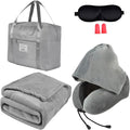 Travel Blanket and Pillow Set - Hooded Neck Pillow Airplane Essentials Grey | Memory Foam, Sleep Mask, Earplugs, Foldable Duffel Bag Soft Comfort for Long Plane Flight Traveling Car Road Trip Flying by Nerien