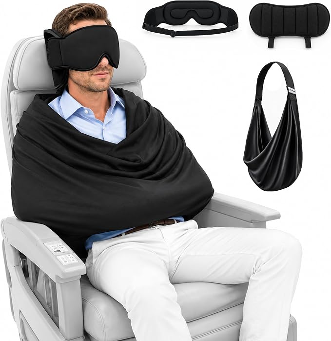 Avernio Travel Pillow with Eye Mask, 3-in-1 Airplane Sleep Support Travel Essentials for Comfort, Portable Sleep System with Neck Support Head Strap, Sleeper Hold for Flight Car Train (L Size) by Unknown