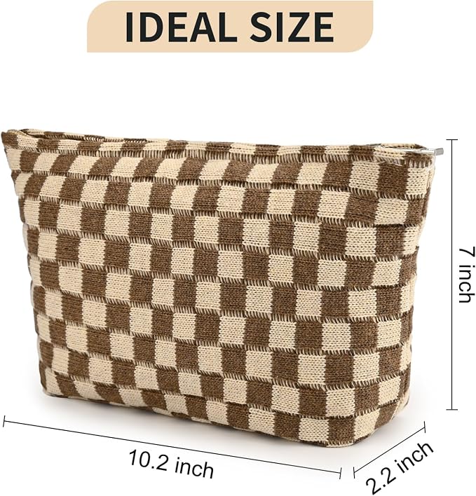SOIDRAM 2 Pieces Makeup Bag Large Checkered Cosmetic Bag Capacity Canvas Travel Toiletry Bag Organizer Cute Makeup Brushes Aesthetic Accessories Storage Bag for Women, Brown checkered - Image 3