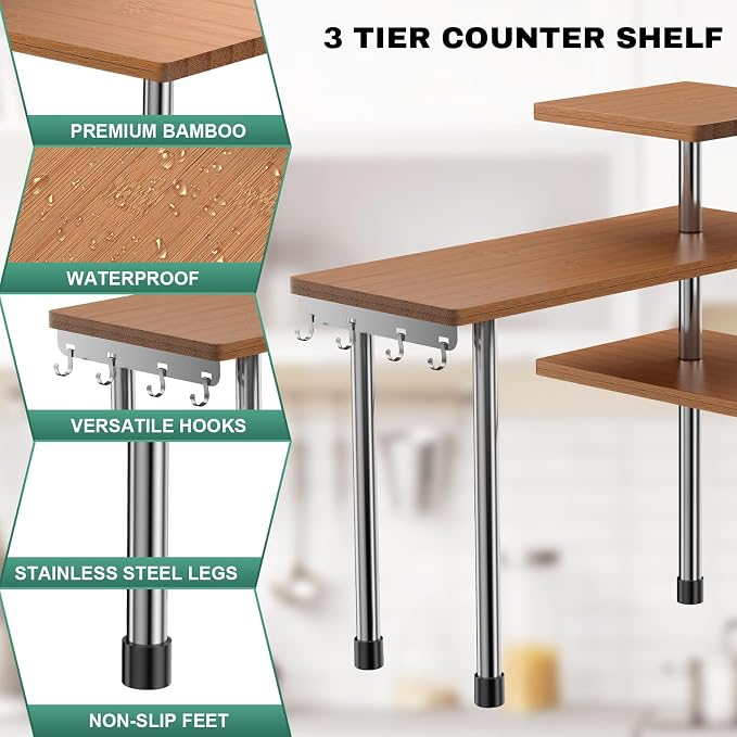 ZHWS Bathroom Counter Organizer Corner Countertop Shelf Adjustable 3 Tier Corner Shelf Kitchen Counter Organizer with 4 Metal Hooks for Bathroom Counter, Makeups, Dresser Table, Over Sink - Image 5