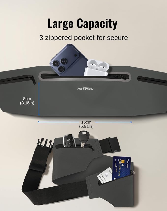 Running Belt for Women & Men-Ultra Light Slim Running Belts | Water-Resistant Phone Holder, 5 Pockets, Adjustable Waist Strap & Reflective Safety for Running, Hiking & Fitness - Image 3