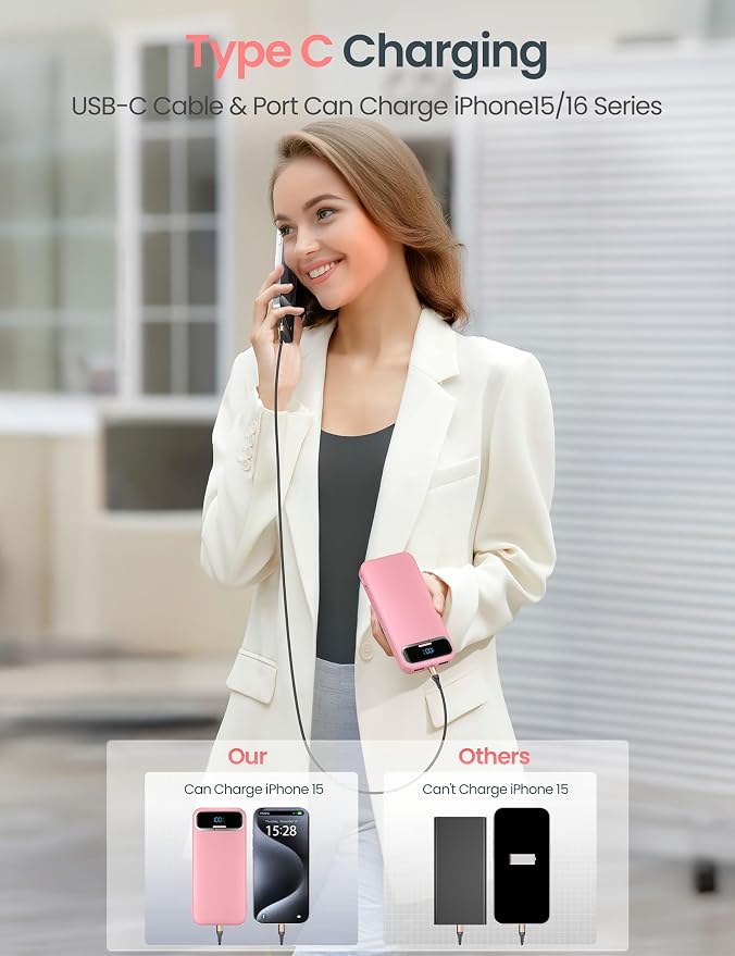 aonidi Portable Charger 12000mAh with Built-in Cables&AC Wall Plug, Pink | PD20W USB C Fast Charging,LED Display External Travel Power Bank,TSA approved Battery Pack for All iPhone,Samsung,Android - Image 5