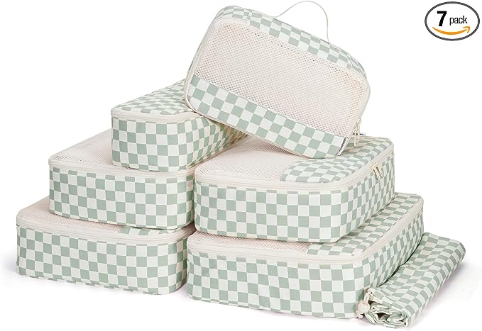 Narwey 7 Set Checkered Packing Cubes for Travel Kids Women, Durable Packing Organizer Bags for Carry on Suitcase Luggage Travel Essentials Accessories (Mint Green Checkerboard) by Narwey