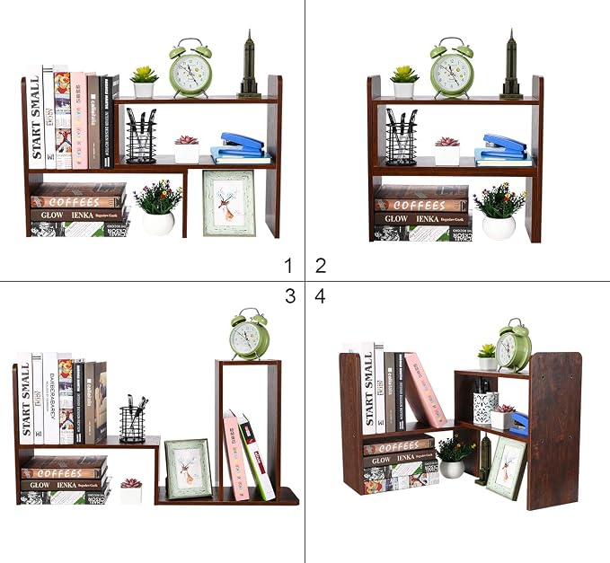 Desk Organizer Desktop Shelf Adjustable Countertop Bookshelf Small Table Shelves Book Organizer Office Organization for Desk, Antique Brown - Image 3