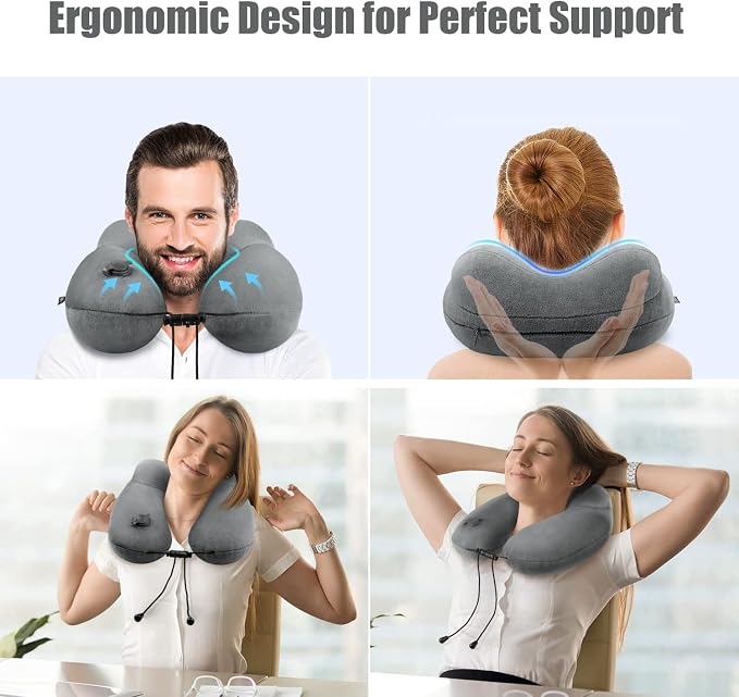 Inflatable Travel Neck Pillow for Airplanes, Super Soft Velvet Neck Support, Adjustable Firmness, Blow Up Plane Pillow for Long Flights, Road Trips, Travel Essentials with Eye Mask, Earplug - Image 2