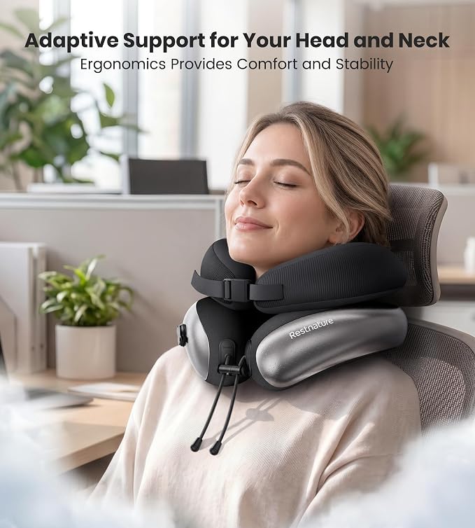 Neck Pillow, Upgraded Adjustable Travel Neck Pillow for Airplane – Patented Inflatable Design with Memory Foam for 360° Ergonomic Head & Neck Support (Gray-M) - Image 3