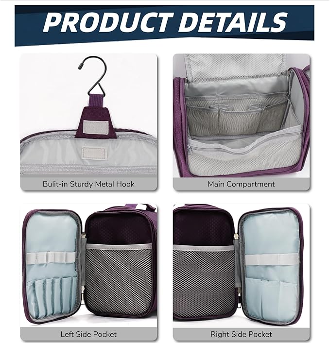 Buruis Hanging Toiletry Bag, Travel Toiletry Bag for Women and Men, Purple | Honeycomb Nylon Design, Large Capacity, Dual Zippers, Sturdy Hanging Hook, Full-Size Toiletry Storage, Cosmetic Essentials - Image 4