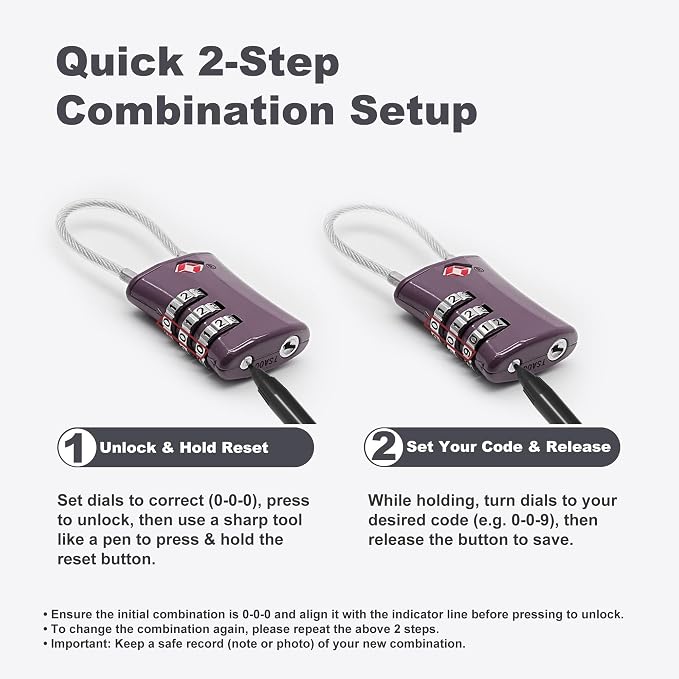 TSA Locks for Luggage, Small Combination Padlock with Cable, Luggage Locks TSA Approved for International Travel Essentials, Suitcase, Backpack Zipper, Locker, Flight Attendant Accessories - Image 6