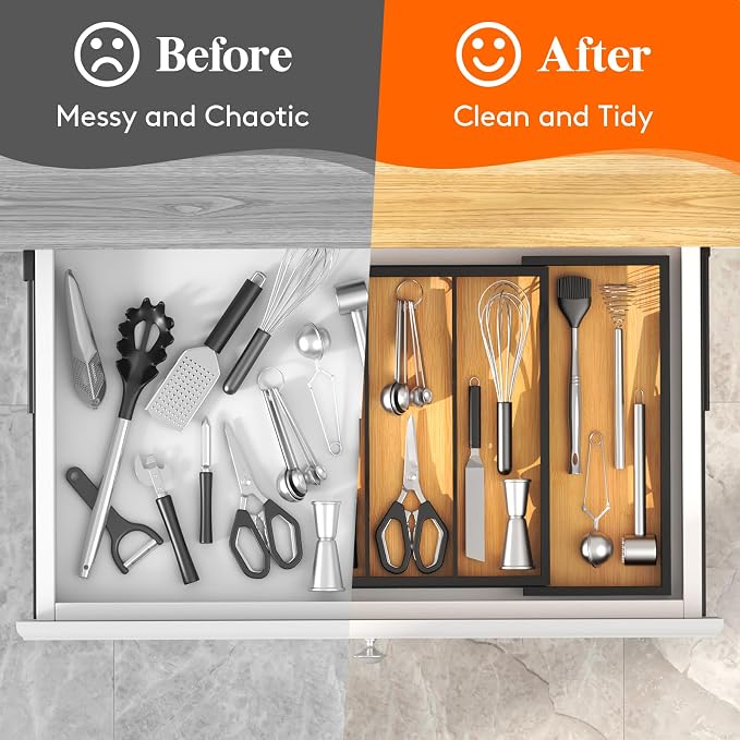 Lifewit Bamboo Utensil Organizer for Kitchen Drawer, Cooking Utensil Tray | Expandable Cutlery Silverware Flatware Holder, Wood Adjustable Spatula Tools Storage Divider, 12.6-22.4x 15", Natural Black - Image 7