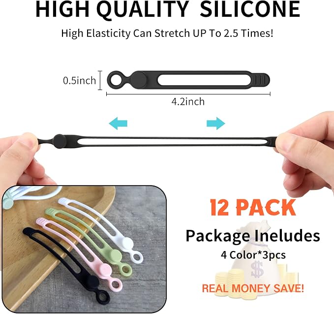 UMUST 12Pcs Silicone Cable Ties, Cable Management Cord Organizer 4Colors | Reusable Cord Ties, Cable Strap Tie for Bundling Electronics Wire,Home Office Travel Essentials Accessories 4.2inch - Image 2