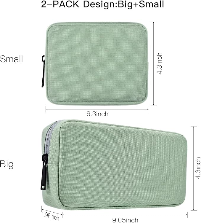 imComor Universal Electronics Accessories Case Bag, 2-Pack Portable Soft Carrying Case Bag Pouch Wire Cable Organizer for Hard Drive, Power Adapter, Laptop Mouse, Cosmetics Kit, Small+Big-Mint Green - Image 2