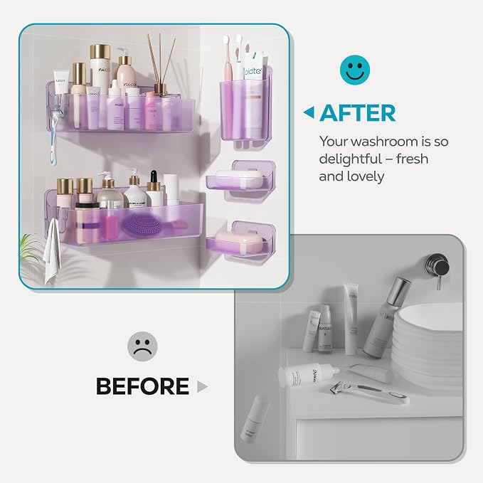 Nieifi Adhesive Shower Shelves, Purple, 5 Pieces | Rustproof ABS, Large Capacity, Removable Design, Easy-Clean, No Drilling Shower Organizer for Bathroom Storage & Home Decor - Image 8