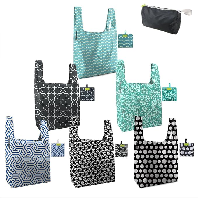 BeeGreen Geometry Reusable Grocery Bags Bulk 6 Packs X-Large, Reusable Shopping Bags Foldable for Groceries, Vegetables, Fruits Watertight Bulk Tote Bags Washable For Women and Men by BeeGreen