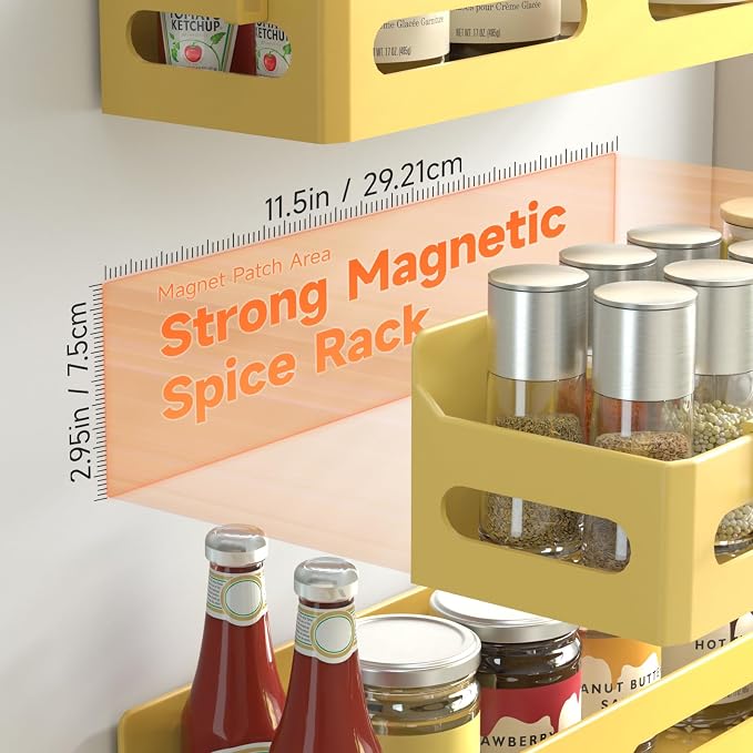 4-Pack Magnetic Spice Rack for Refrigerator with Hooks, Yellow | Strong multipurpose magnetic shelf for kitchen & bathroom organization. Includes 4 removable hooks for hanging items. - Image 2