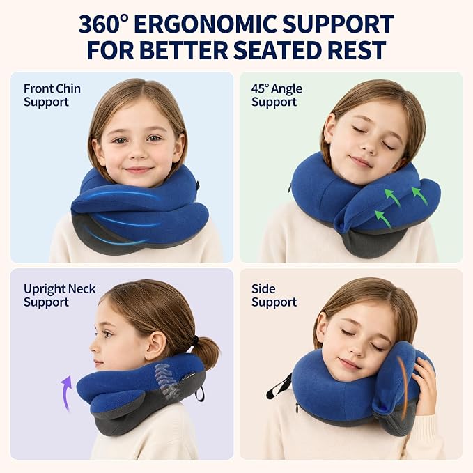 Kids Travel Pillows for Airplane, Memory Foam 360° Head Support Sleeping Essentials for Boys Long Flight, Skin-Friendly Soft Neck Pillow for Traveling in Car Seat, (Small, Blue Grey, 40-90 lbs) - Image 2