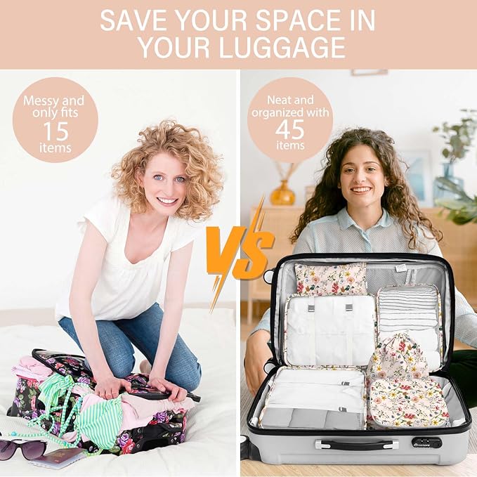 KPX 8 Set Packing Cubes for Travel, Luggage Packing Organizers Accessories Large Toiletries Bag for Clothes Shoes Cosmetics (Retro Flower) - Image 5