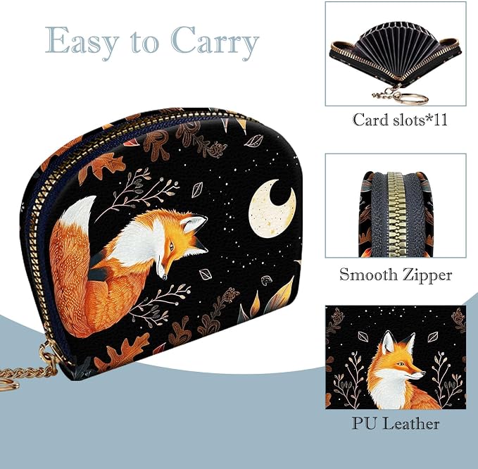 Women's Slim RFID Wallet – Compact Leather Card Holder Wallet for Women, 9 Card Slots RFID Blocking Credit Card Organizer, Small Travel Wallet - Cute Fox Moon with Plants - Image 4