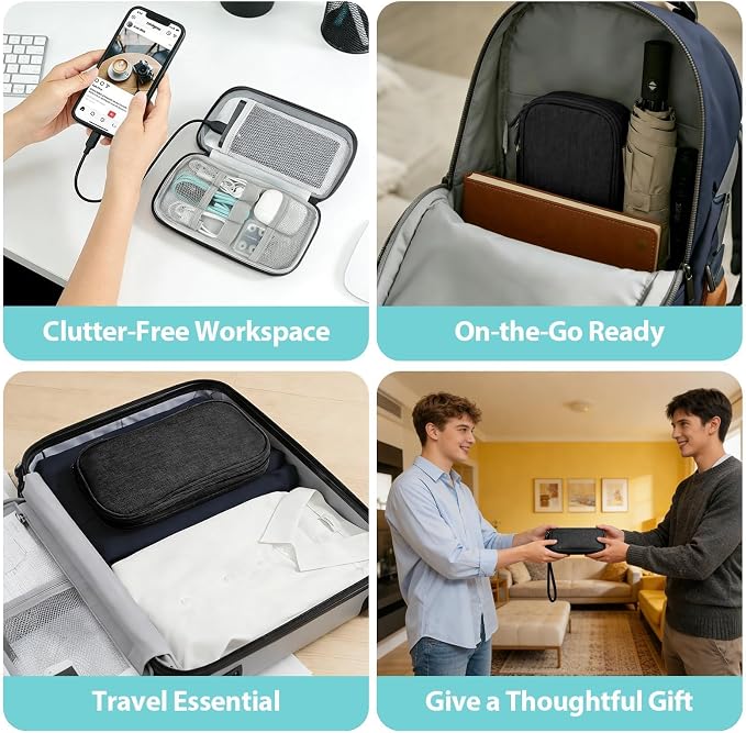 Double Layer Cable Organizer Bag Water-Resistant Tech Pouch Black | Padded Oxford fabric construction with 8 compartments and elastic loops to securely store chargers, power banks and cords. - Image 6