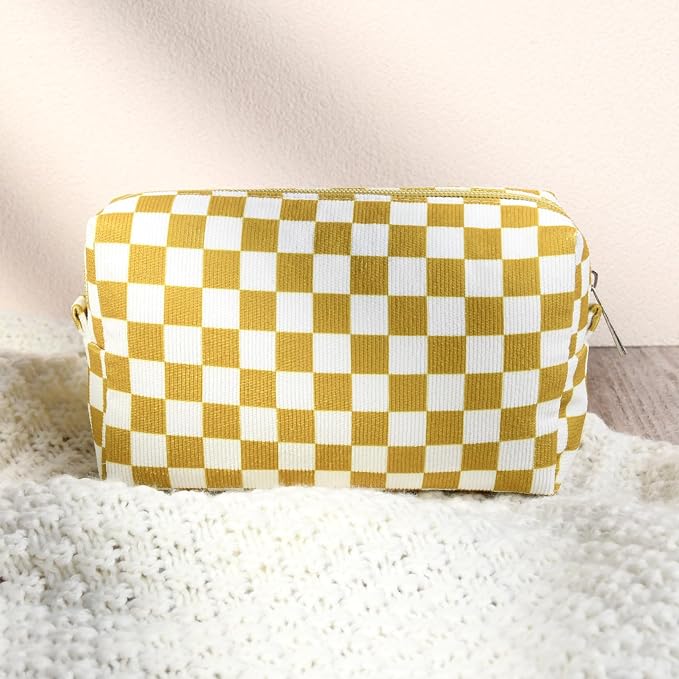 SOIDRAM 2 Pcs Checkered Makeup Bag Large Cosmetic Bag Toiletry Bag Makeup Pouch Travel Bag Organizer Cute Makeup Brushes Aesthetic Accessories Storage Bag for Women Golden Yellow - Image 6