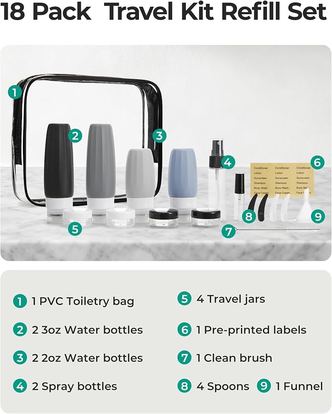 BAGSMART 18 Pack TSA Approved Travel Bottles for Toiletries, Leak Proof Silicone Travel Size Containers Bottles for Shampoo, Earth Tone - Image 2