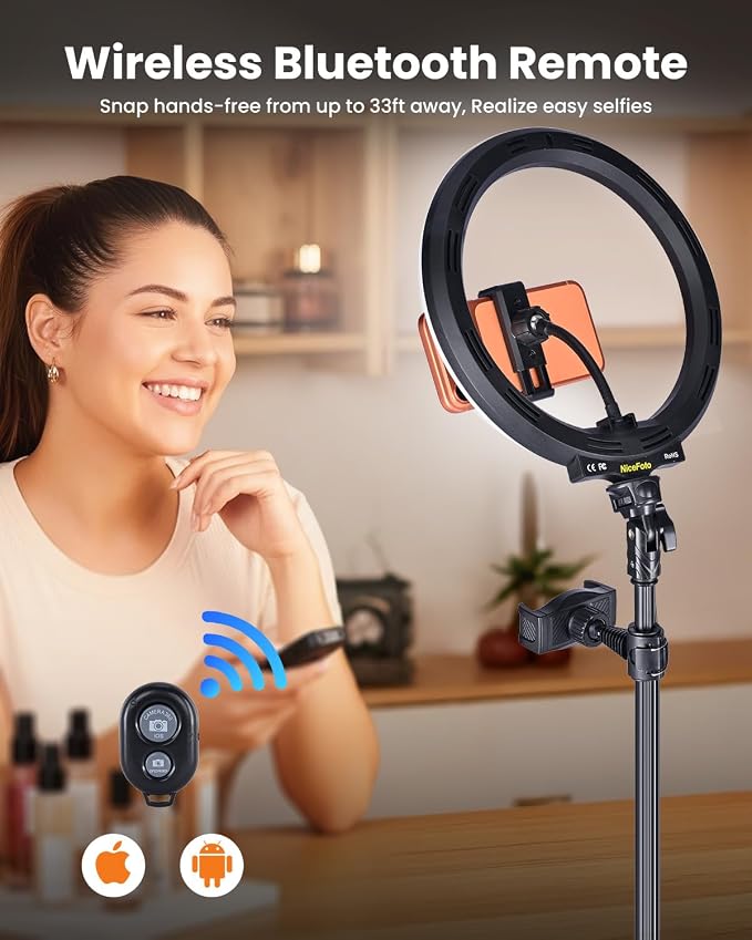 10" Ring Light with 66'' Tripod Stands, 2 Phone Holder & Remote | 3 Color & 10 Brightness Level, Circle Ring Lights for Live Stream, Makeup, TikTok, YouTube, Compatible with iPhone & Android - Image 7