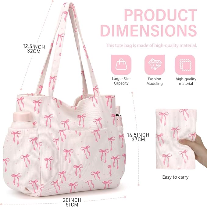 Corduroy Tote Bag for Women,Large Capacity Cute Tote Bags With 6 Pockets,Crossbody Shoulder Handbag for Work Travel Gym - Image 5