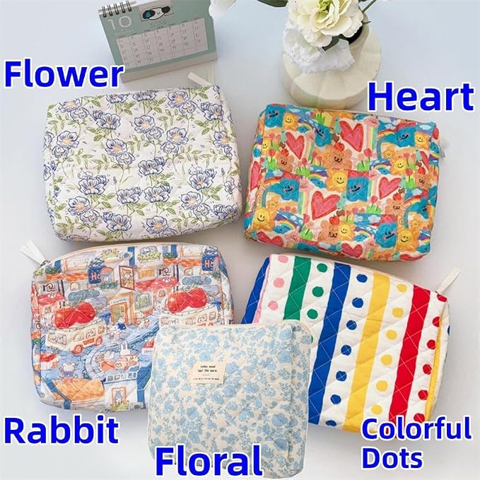 Fcteap Makeup Bag Travel Essentials Quilted Cosmetic Toiletry Pouch Organizer Insert for Women Dorm Room Essential Gift Large Capacity Opening Lightweight Cute Aesthetic Portable 2PCS (Heart) - Image 6