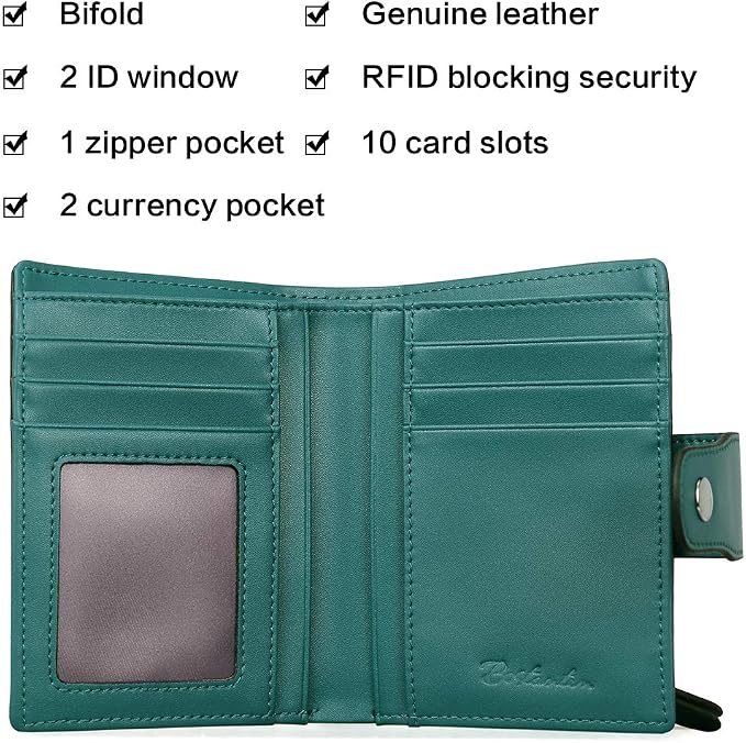 BOSTANTEN Leather Womens Wallet Small RFID Blocking Credit Card Holder | Removable ID Window, Zipper Coin Pocket, Bifold, Minimalist, Fits Small Purses, Daily Use, Ladies Gifts, Peacock Blue - Image 6