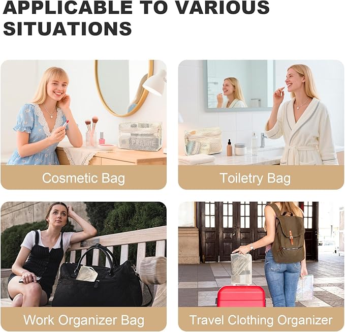 NOL 3-Pack Mesh Travel Toiletry Bags - Clear Zipper Travel Organizer, Airport Carry-On Compliant Reusable Cosmetic Makeup Bag for Women & Men (Cream) - Image 6