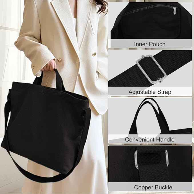 Women's Canvas Tote Bag inside Out Bag with Adjustable Crossbody Strap for Work Travel Shopping Durable Handbag for Men - Image 2