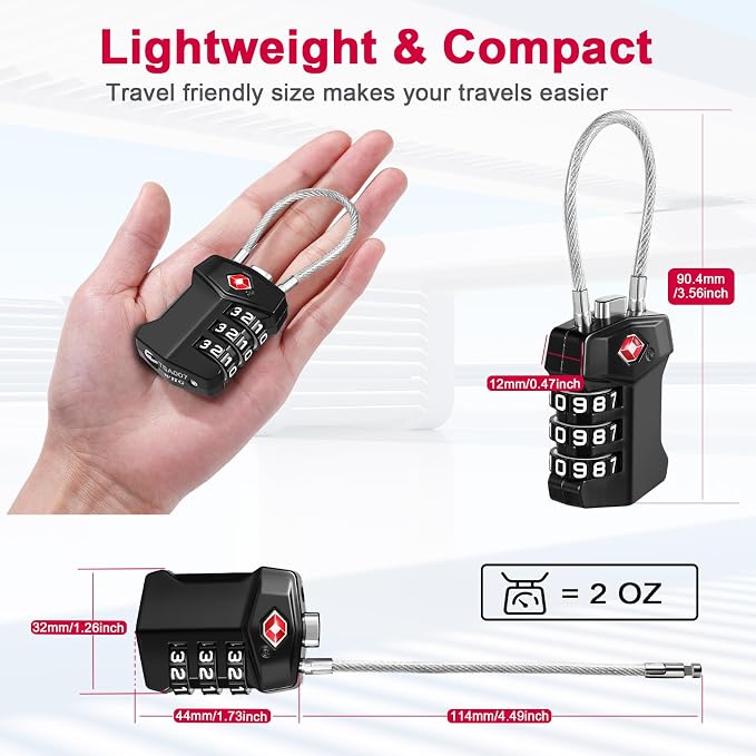 ZHEGE TSA Approved Cable Luggage Lock, Travel Lock, Keyless Padlock (Black) | 3 Digit Combination for Suitcase, Backpack, Bag, Toolbox, Gym Locker - Easy to Read & Use for All Ages - Image 5