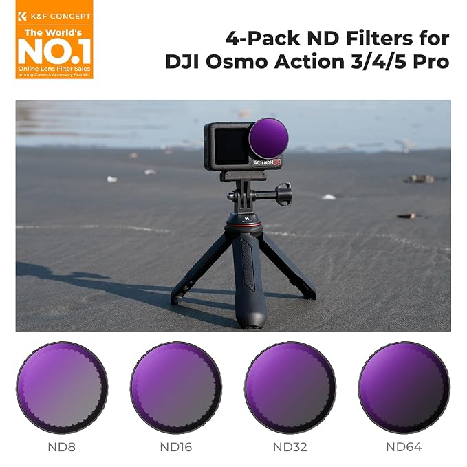 K&F CONCEPT Push-in ND Filter Kit for DJI Osmo Action 5 Pro | ND8 ND16 ND32 ND64 4 Pack Light Reduction Exposure Control Optical Glass Multi-Coated for Osmo Action 3/4, FD131 - Image 2