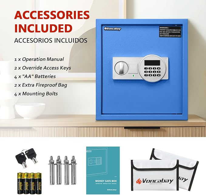 Voncabay Money Safe Box for Home with Digital Keypad, 1.5 Cu. Ft., Blue | Alloy Steel, 2 Fireproof Bags, Digital Keypad with Display, Removable Shelf, Alarm System, 14 x 13 x 13 In. - Image 6