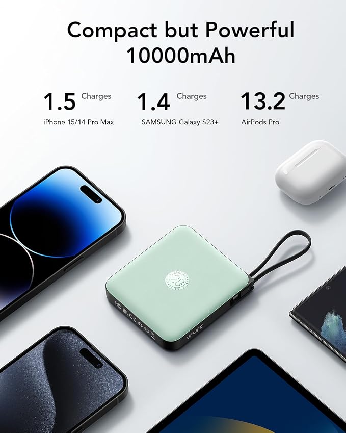 VRURC Portable Charger with Built-in Cable, 10000mAh 22.5W Fast Charging USB C Battery Pack, Cell Phone Power Bank for iPhone 17 16 15 Series Android Tablet (Green) - Image 7