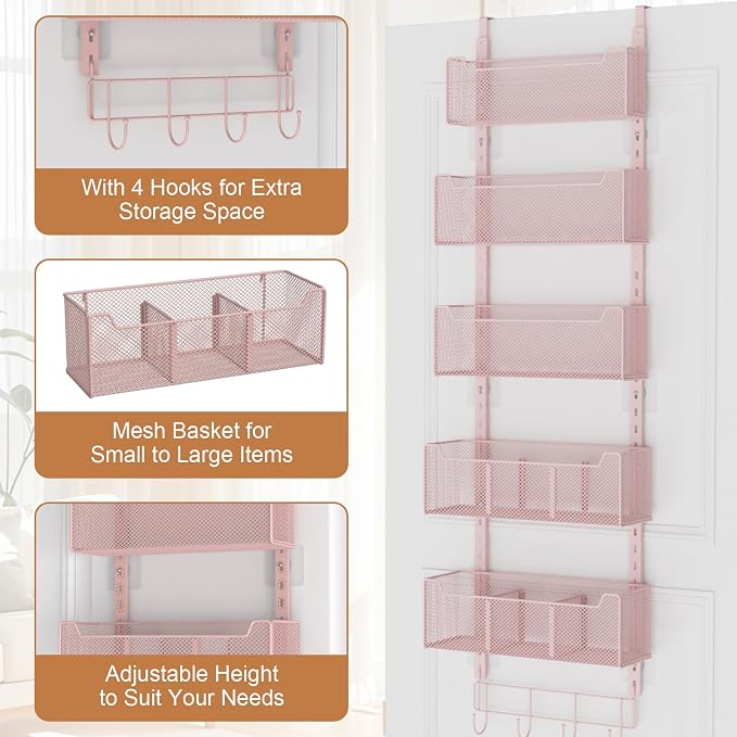 VyGrow Over The Door Organizer, Metal Door Organizer Hanging with 5 Adjustable Baskets and Coat Hook, Behind The Door Storage for Bedroom Closet Bathroom Pantry Cabinet Kitchen, Pink - Image 5