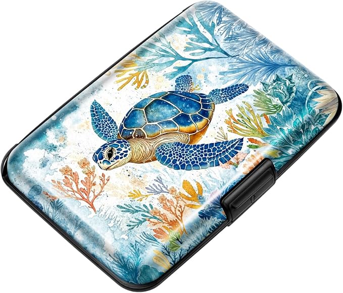 Coco Rossi Credit Card Holder RFID Aluminum Small Mini Wallet Women | Metal Wallet, Business Cards Holder, ID Case, Slim Sleeves, Womens Girls Gift, Carry Proof Wallets for Travel, Sea Turtle by Coco+Rossi
