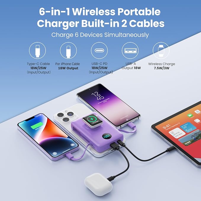 Magnetic Portable Charger 10800mAh with Built-in Cables,Wireless Power Bank for Magsafe,25W PD Fast Charging USB-C Travel Essentials Battery Pack for iPhone 17/16/15/14/13/12 Series,Apple Watch-Purple - Image 7