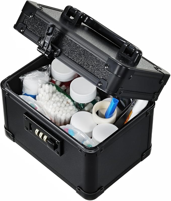 Black Medicine Lock Box - 7" Medication Lock Box & Lockable Storage Box for Personal Items - Secure Medicine Storage Box with 3-Digit Combination Lock - Aluminum Small Lock Box for Home Travel by AdazzoRollingMakeupCase