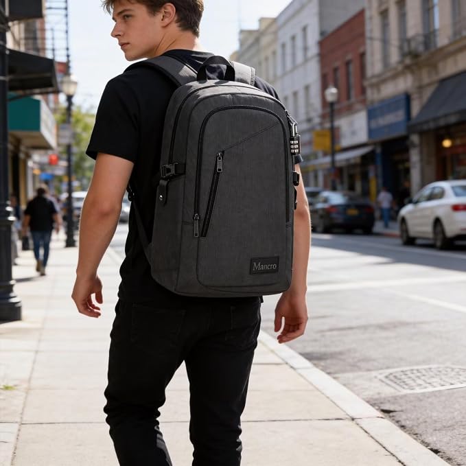 Mancro Business Travel Laptop Backpack, Anti Theft Slim Laptop Bag for Men | Water Resistant Work Backpack with Lock, Tech Computer Bag with Laptop Compartment Fits 15.6 Inch Laptop for Travel, Black - Image 5