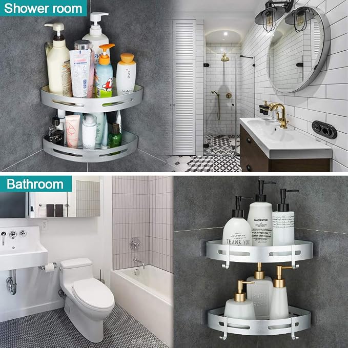 Corner Caddy Bathroom Shower Shelf Wall Mounted No Drilling 2 Tier Storage Shelves Adhesive Triangle Baskets Silver Bathroom Kitchen Storage Basket | Wall Mounted, No Drilling, Adhesive Triangle Bathroom Kitchen Storage Basket - Image 3