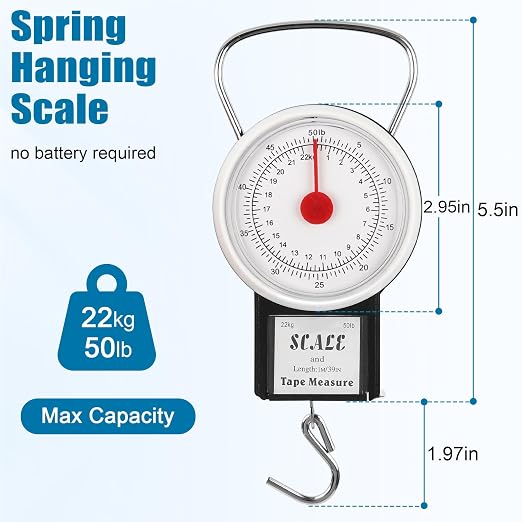 Mechanical Hanging Scale Multi-Purpose Luggage Scale Fishing Scale | Portable Spring Dial Fish Weight Scale with Tape Measure, for Fishing Kitchen Farms - Image 2