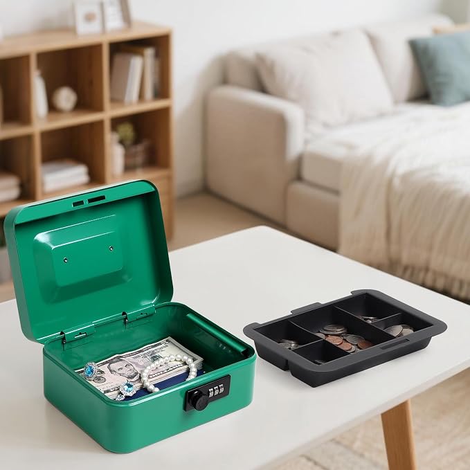 Jssmst Medium Cash Box with Combination Lock - Durable Metal Cash Box with Money Tray Green,7.87 x 6.3 x 3.35 inches - Image 6