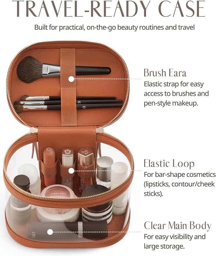Travel Makeup Case Clear Vanity Bag with Brush Holder, Compact Leather Train Case Brown Make Up Bag Storage Organizer Luxury Cosmetic Case Travel Essentials Cute Portable with Handle - Image 5