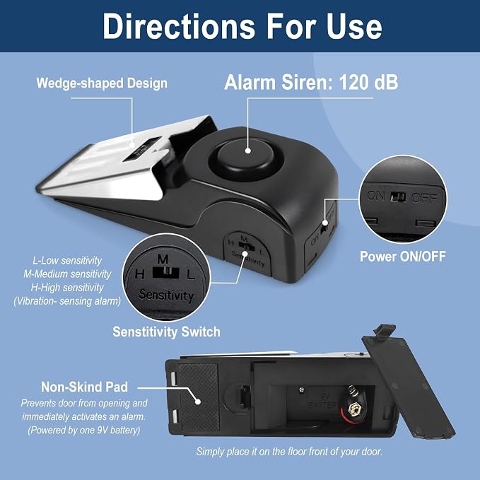 2 Pack Door Stop Alarm with Adjustable Portable Door Lock 120 dB Travel Door Stopper Door Wedge Alarm with 3 Levels Sensitivity for Hotel, Home, Apartment - Image 4