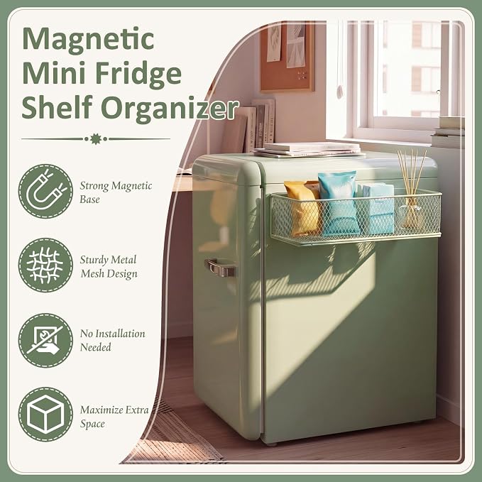 FoldTier 1 Pack Sage Green Magnetic Basket Dorm Mini Fridge Shelf Organizer Kitchen Storage Bin Container Spice Holder for Locker Refrigerator Pantry Dorm Essentials (13.8 x 3.1 x 4.9 Inch) - Image 3