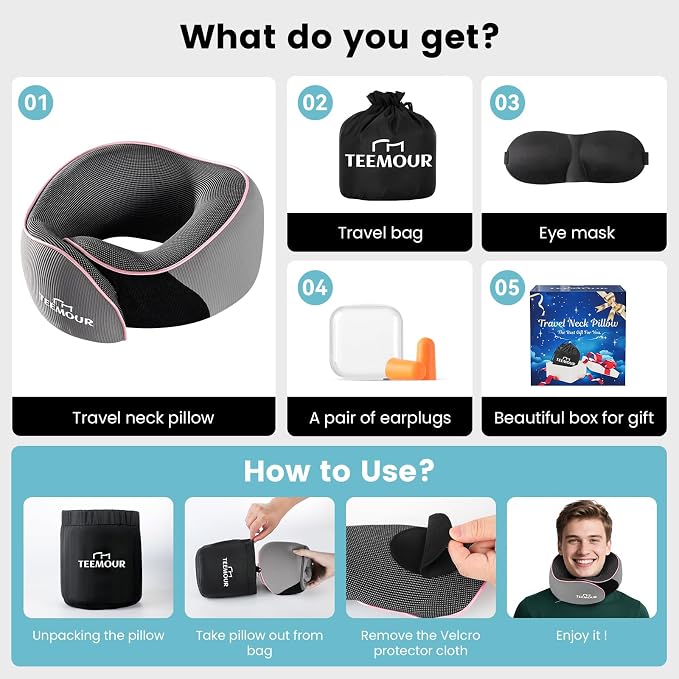 Teemour Travel Neck Pillow Airplane- Upgraded Memory Foam Neck Pillow for Airplanes 360° Support Desing, with Eye Mask & Earplugs, Portable Carry Bag for Long Flights, Business Trip|Travel Essentials - Image 7