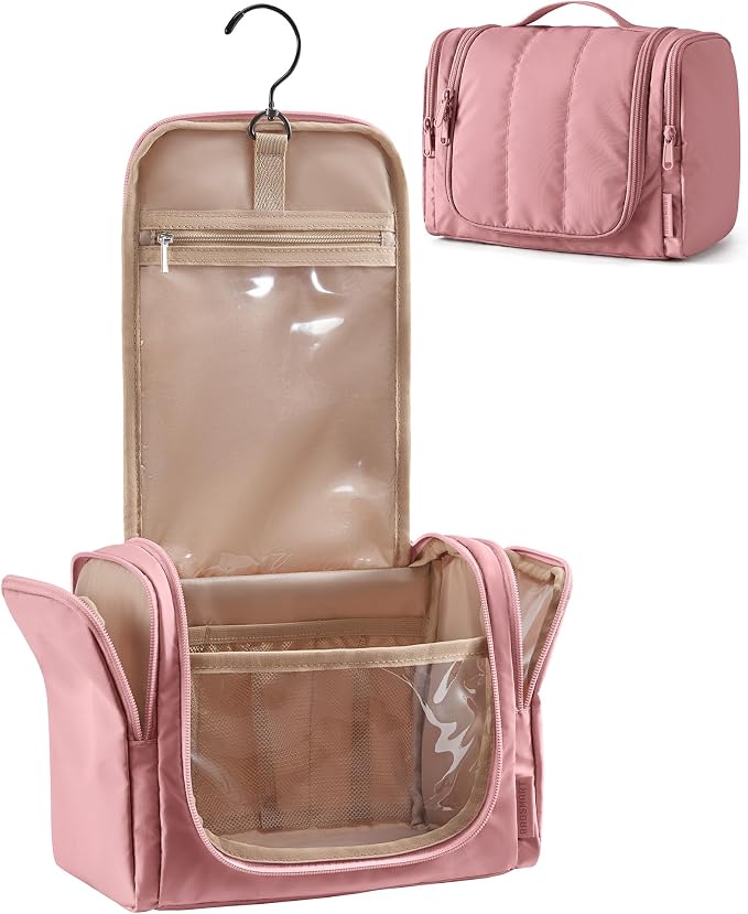 BAGSMART Travel Toiletry Bag for Women, Puffy Hanging Toiletry Bag with Hook, Water-resistant Toiletry Organizer for Full Sized Toiletries (Dark Pink) by BAGSMART