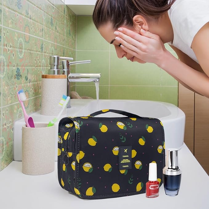 Travel Toiletry Bag for Women, Hanging Toiletry Bag with Multi-Pockets, Toiletry Bag for Traveling Easy Clean, Travel Organizer Bag Black-Lemon - Image 2