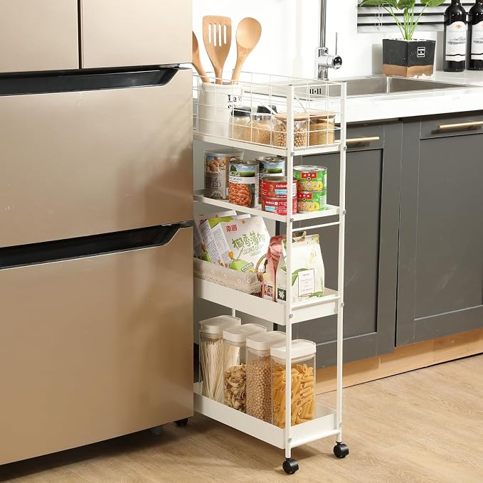 KINGRACK 4 Tier Slim Rolling Cart, Metal Utility Storage Cart with Wheels | 5.7" Raised Edge, Narrow Space Trolley Organizer for Bathroom, Kitchen, Office, Dorm, Laundry, Living Room, White - Image 2
